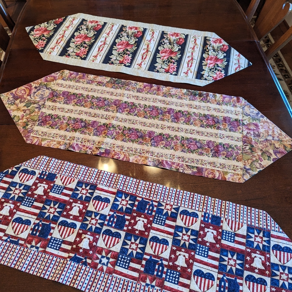 Three Handmade Table Runners 40-42" x 12-14" EUC